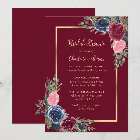 Burgundy Blush Blue Gold Floral Vrijgezellenfeest Kaart (Voorkant / Achterkant)