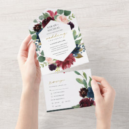 BURGUNDY BLUSH BLUE GREEN WATERVERF FLORAL ALL IN ONE UITNODIGING