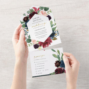 BURGUNDY BLUSH BLUE GREEN WATERVERF FLORAL ALL IN ONE UITNODIGING