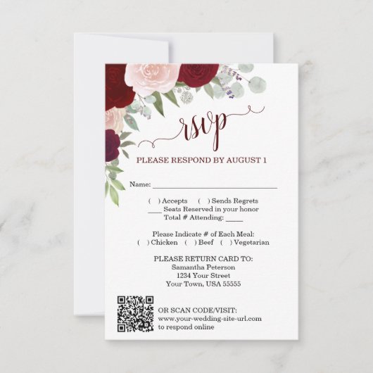 Burgundy Blush Boho Roses Wedding QR Code RSVP Kaart (Voorkant)