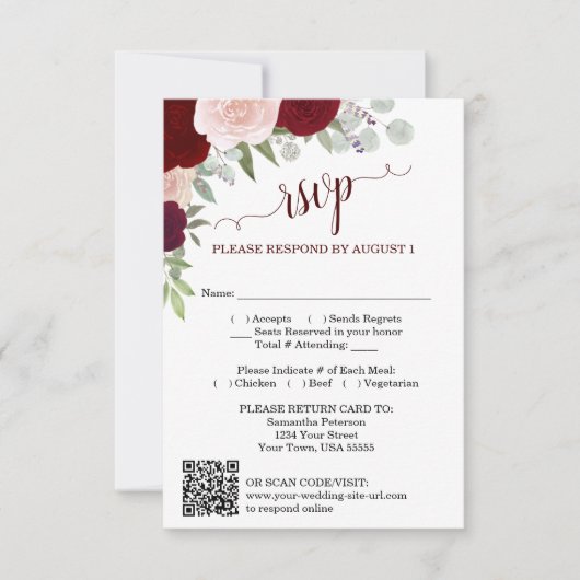Burgundy Blush Boho Roses Wedding QR Code RSVP  Kaart (Voorkant)