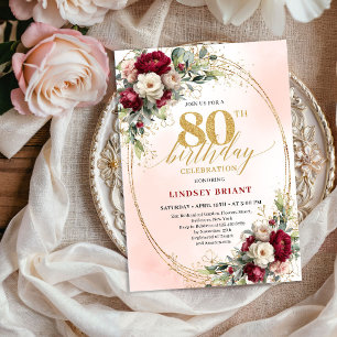 Burgundy Blush Boho Tuin 80ste Verjaardag Uitnodig Kaart