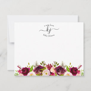 Burgundy Blush Botanical Floral Monogram Note Kaar Bedankkaart