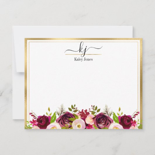 Burgundy Blush Botanical Floral Monogram Note Kaar Bedankkaart (Voorkant)
