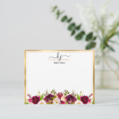 Burgundy Blush Botanical Floral Monogram Note Kaar Bedankkaart (Staand voorkant)