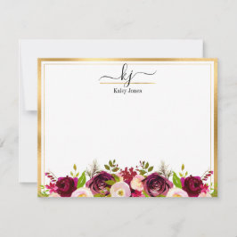 Burgundy Blush Botanical Floral Monogram Note Kaar Bedankkaart