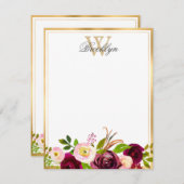 Burgundy Blush Botanical Floral Monogram Note Kaar Notitiekaartje (Voorkant / Achterkant)
