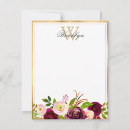 Burgundy Blush Botanical Floral Monogram Note Kaar Notitiekaartje