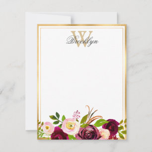 Burgundy Blush Botanical Floral Monogram Note Kaar Notitiekaartje