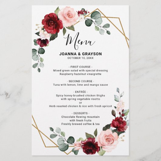 Burgundy Blush Botanical Geometric WeddenMenu (Voorkant)