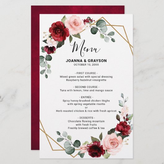 Burgundy Blush Botanical Geometric WeddenMenu (Voorkant / Achterkant)