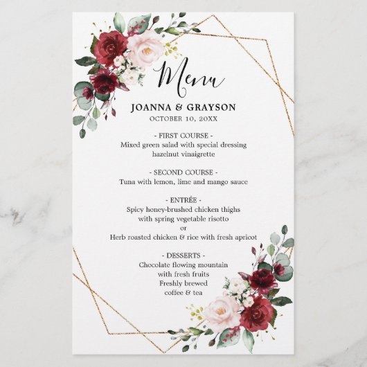 Burgundy Blush Botanical Geometric WeddenMenu (Voorkant)