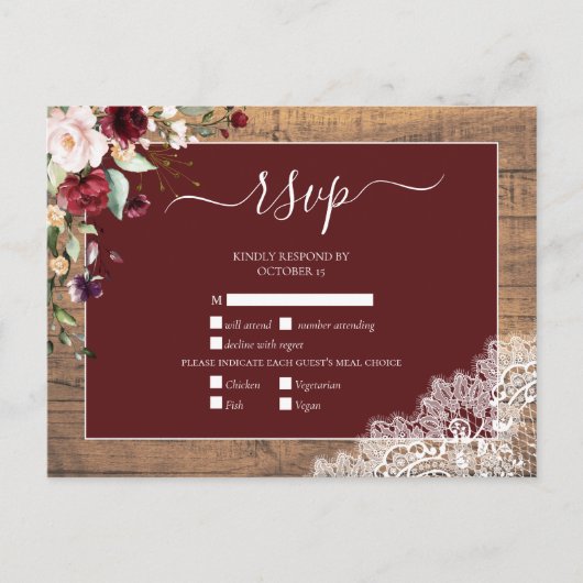 Burgundy Blush Botanical Lace Wood Weddenschap RSV Uitnodiging Briefkaart (Voorkant)