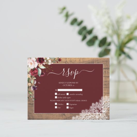 Burgundy Blush Botanical Lace Wood Weddenschap RSV Uitnodiging Briefkaart (Staand voorkant)