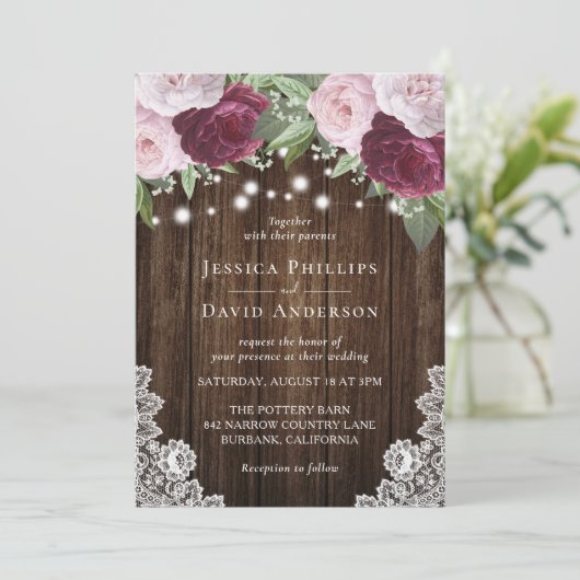 Burgundy Blush Botanical Wedding Invitations Kaart (Staand voorkant)