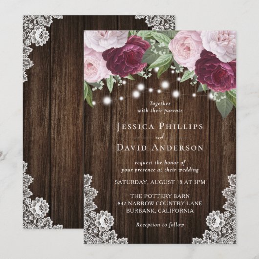 Burgundy Blush Botanical Wedding Invitations Kaart (Voorkant / Achterkant)