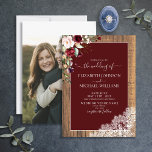 Burgundy Blush Botanical Wood Script Photo Weddens Kaart<br><div class="desc">Oh, we zijn zo blij met deze elegante bogundy blush, bijtende botanische trouwfotouitnodiging. Dit houten ontwerp doet ons denken aan een vlakke legger, en we voelen dat het lijkt op een bruine uitnodiging op een houten tafel, met de bruidskap en bloemen erop! Een deel van een trouwsuite waarvan we hopen...</div>