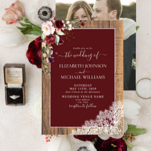 Burgundy Blush Botanical Wood Script Photo Weddens Kaart