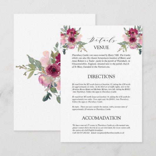 Burgundy & Blush bouquet Weddenschap Details Informatiekaartje (Voorkant / Achterkant)