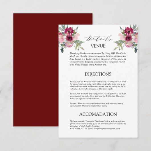 Burgundy & Blush bouquet Wedding Details Enclosure Informatiekaartje (Voorkant / Achterkant)