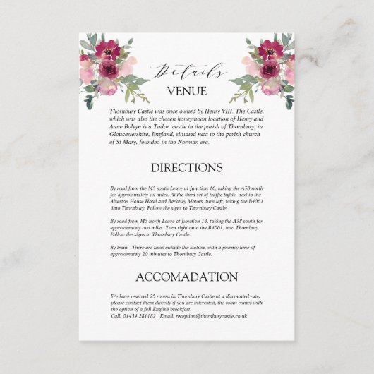 Burgundy & Blush bouquet Wedding Details Enclosure Informatiekaartje (Voorkant)