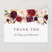 burgundy blush bridesmaid bedankt je kaartje uitnodiging briefkaart (Voorkant)