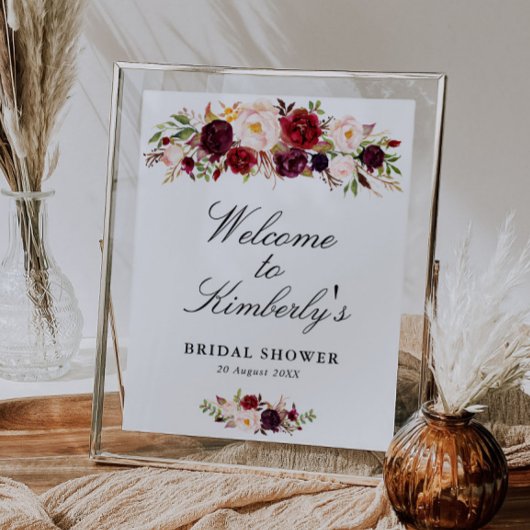 Burgundy & blush bruiloft welcome bord poster