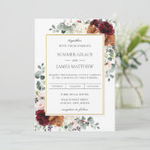 Burgundy Blush Burnt Oranje Ivory Floral Wedding Kaart (Staand voorkant)
