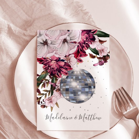 Burgundy Blush Disco Floral Gold Elegant Wedding Kaart