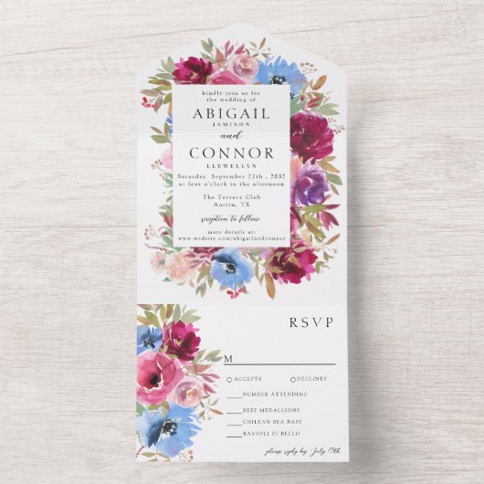 Burgundy Blush Dusty Blue Elegant Floral All In One Uitnodiging (Binnen)