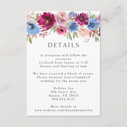 Burgundy Blush Dusty Blue Elegant Floral Informatiekaartje (Voorkant)