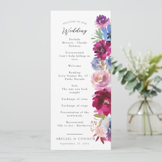 Burgundy Blush Dusty Blue Elegant Floral Programmakaart (Staand voorkant)