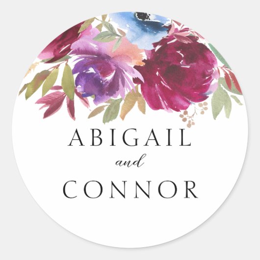 Burgundy Blush Dusty Blue Elegant Floral Ronde Sticker (Voorkant)