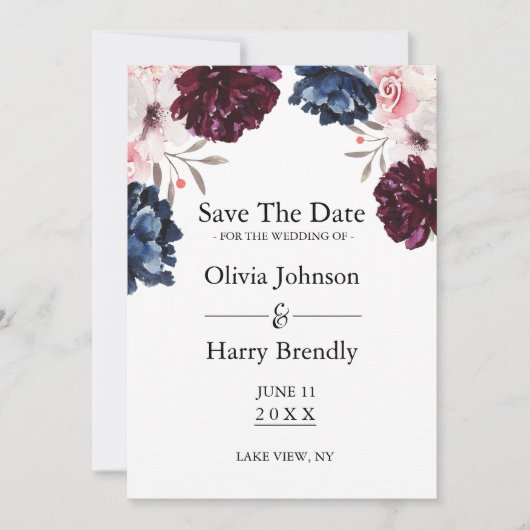 Burgundy Blush Elegant Floral Save the Date (Voorkant)