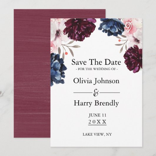 Burgundy Blush Elegant Floral Save the Date (Voorkant / Achterkant)