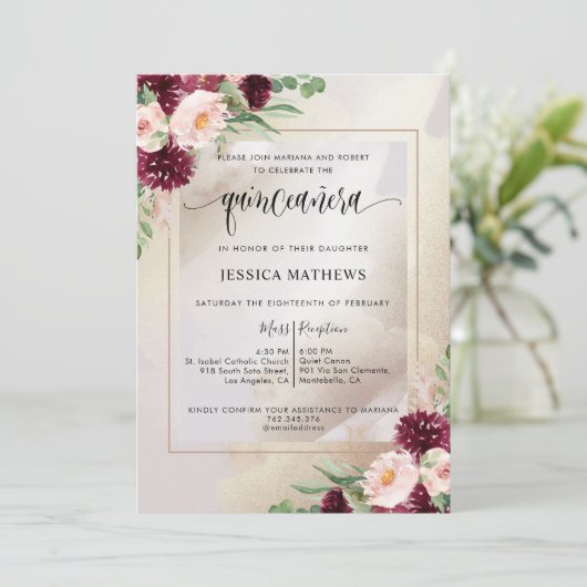 Burgundy, Blush en Champagne Floral Quinceañera Kaart (Staand voorkant)
