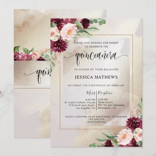 Burgundy, Blush en Champagne Floral Quinceañera Kaart (Voorkant / Achterkant)