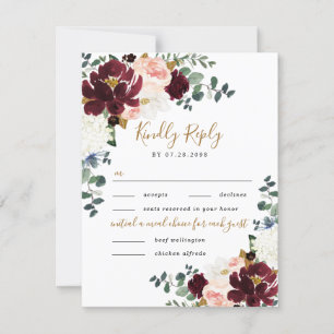 Burgundy Blush en Gold Two 2 Meal Choice Weddensch RSVP Kaartje