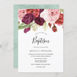 Burgundy Blush en Mint Floral Baptism Invite Kaart