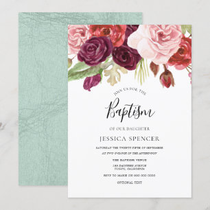 Burgundy Blush en Mint Floral Baptism Invite Kaart