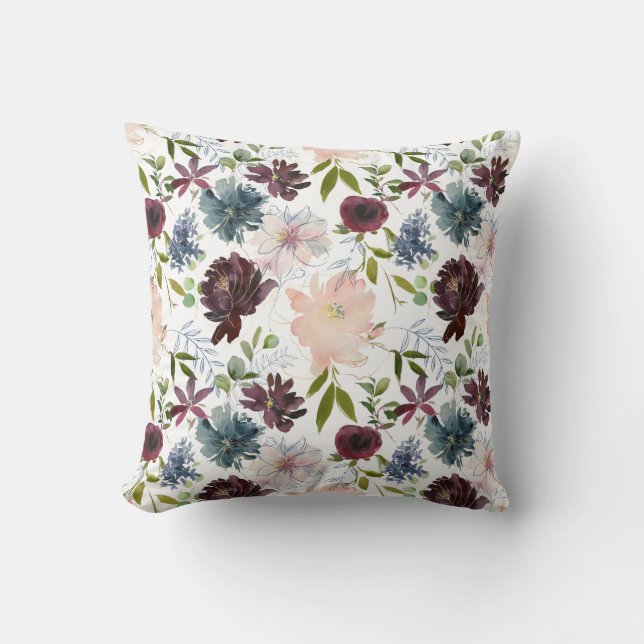 Burgundy, Blush en Navy Bloemen Kussen (Voorkant)