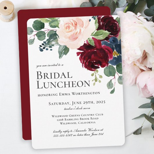 Burgundy Blush en Navy Floral Bridal Luncheon Kaart