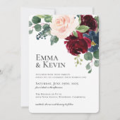 Burgundy Blush en Navy Floral Wedding Kaart (Voorkant)