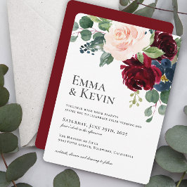 Burgundy Blush en Navy Floral Wedding Kaart