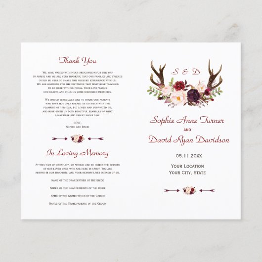 Burgundy Blush Floral Antlers Weddenschap Flyer (Voorkant)