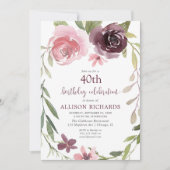 Burgundy blush floral any age meerderjarig verjaar kaart (Voorkant)