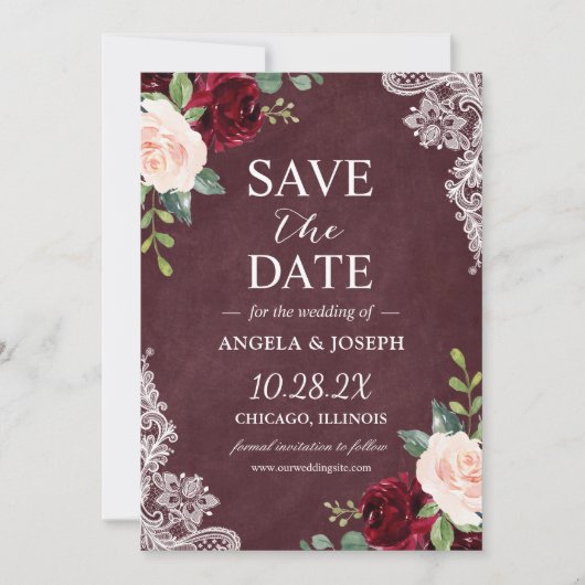 Burgundy Blush Floral Beauful White Lace Wedding Save The Date (Voorkant)