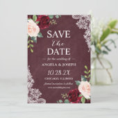 Burgundy Blush Floral Beauful White Lace Wedding Save The Date (Staand voorkant)