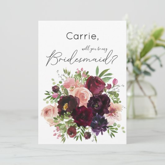 Burgundy & Blush Floral ben je mijn Bridesmaid? Kaart (Staand voorkant)