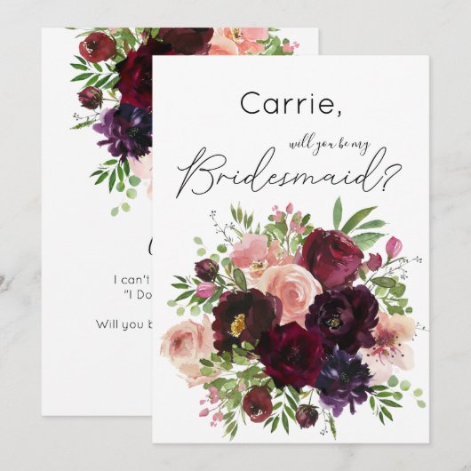 Burgundy & Blush Floral ben je mijn Bridesmaid? Kaart (Voorkant / Achterkant)